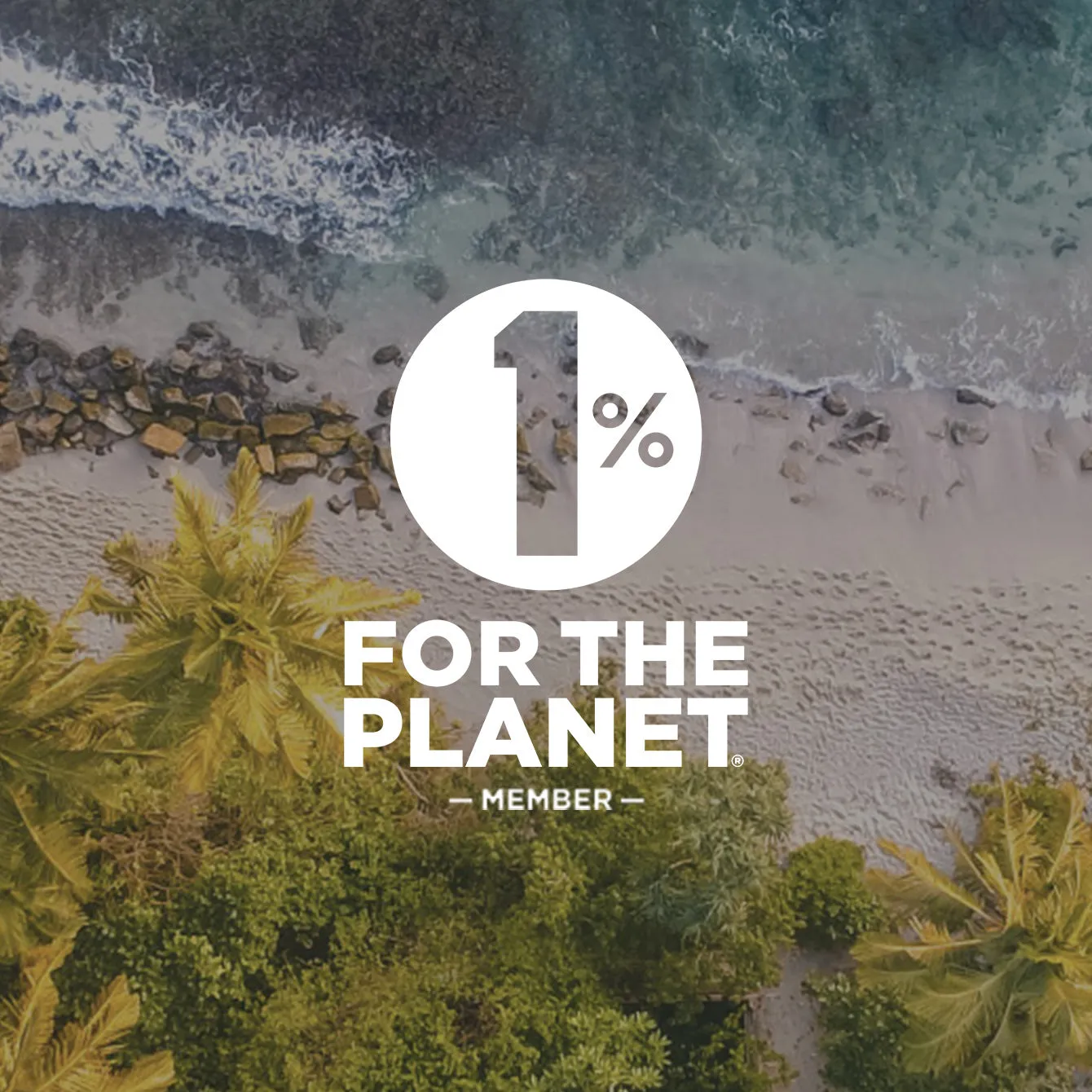 1% for the Planet member badge over an aerial view of a palm-lined coastline